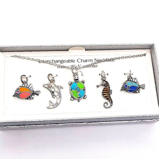 Bay Studio Silver 5 Interchangeable Pendant Necklace Fish Dolphin Turtle CZ