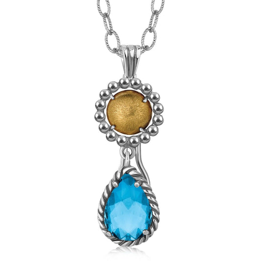 18K Yellow Gold and Sterling Silver Pendant with Teardrop Blue Topaz Accent