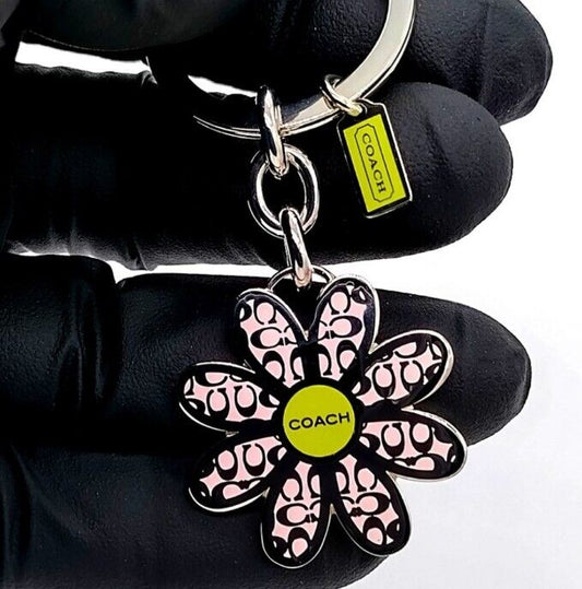 Rare COACH Signature Pastel Pink/Green Daisy Flower FOB Keychain or Purse Charm