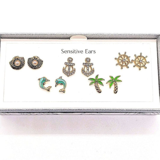 Bay Studio Silver 5 Stud Earrings Set Dolphin Turtle Sandals Fish Flamingo