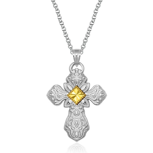 Designer Sterling Silver and 14K Yellow Gold Ornamental Cross Pendant