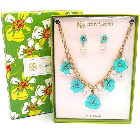 RARE DAISY FUENTES Gold Pearl Blue Flower CZ Statement Necklace and earrings set