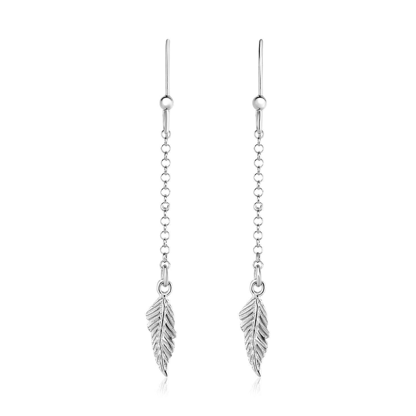 Sterling Silver Textured Leaf and Chain Dangle Earrings