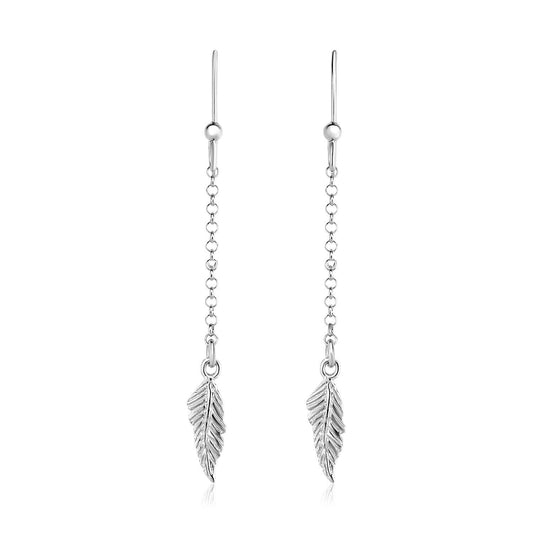 Sterling Silver Textured Leaf and Chain Dangle Earrings