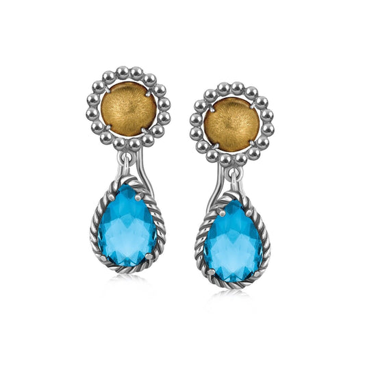 18K Yellow Gold and Sterling Silver Earrings with Blue Topaz Drop Accents