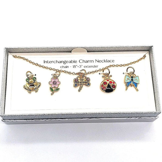 Bay Studio Gold 5 Interchangeable Pendant Necklace Lady Bug Frog FlowerButterfly