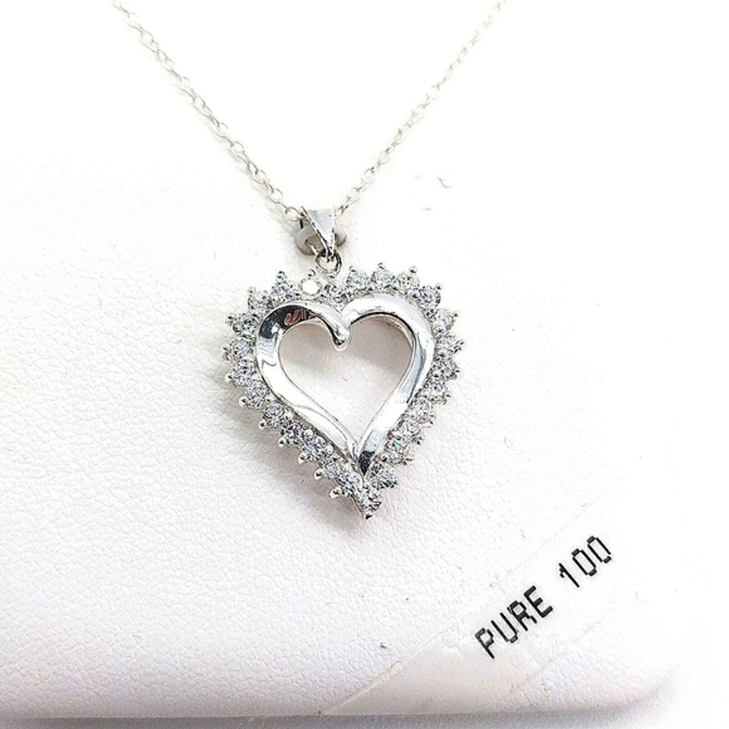 White Gold Vermeil Sterling silver .925 Heart with CZ Charm Necklace $99 Retail