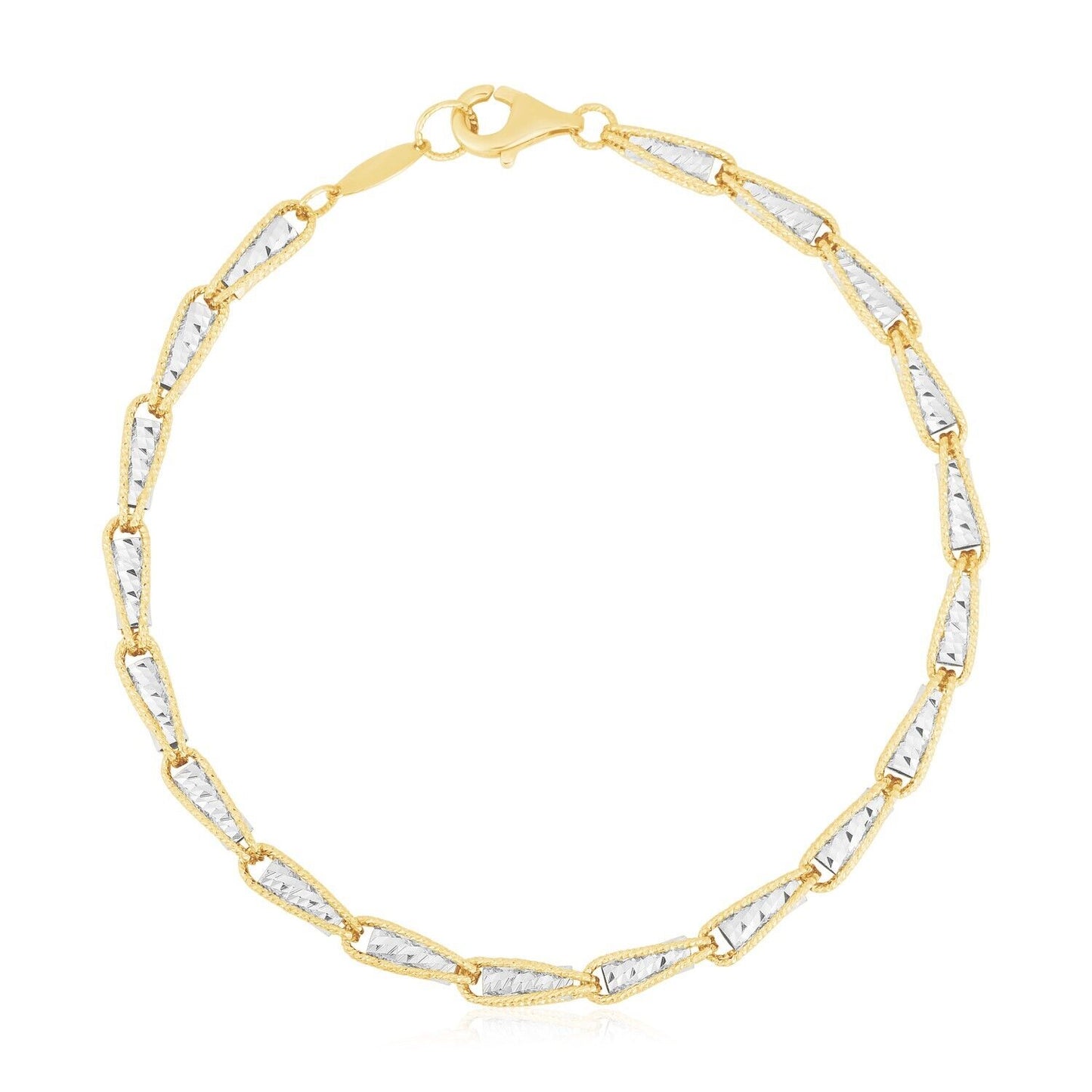 14k Two Tone Gold High Polish Diamond Cut Link Chain Bracelet