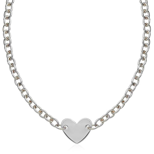 Sterling Silver Rhodium Plated Chain Bracelet with a Flat Heart Motif Station