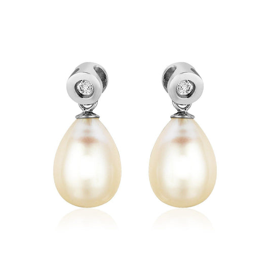 Sterling Silver Earrings with Pear Shaped Freshwater Pearls and Cubic Zirconias