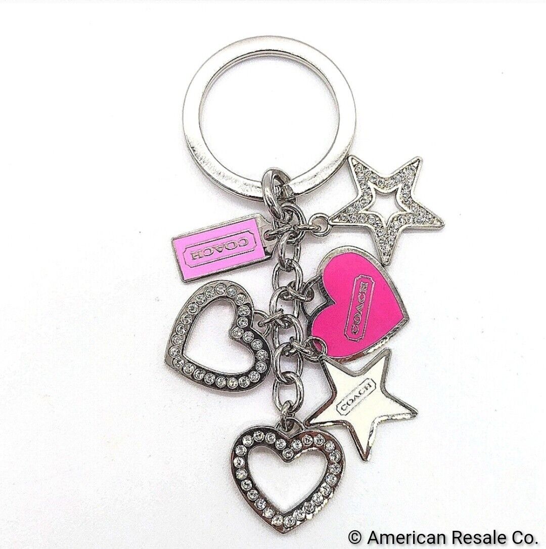 Vintage COACH Pink Pave Hearts Stars Swarovski Crystal Multi Charm Keychain Fob