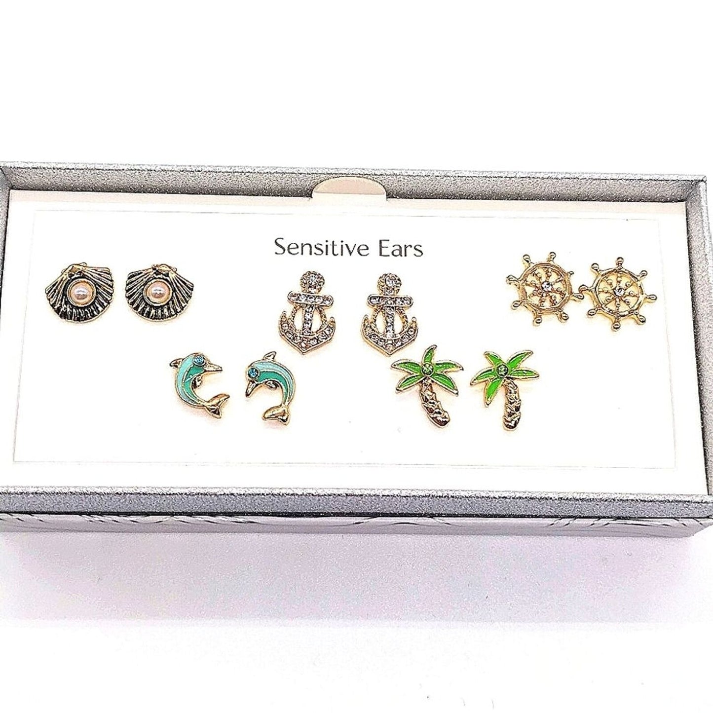 Bay Studio Gold 5 Stud Earrings Set Dolphin Clam Anchor Palm Tree Cubic Zirconia