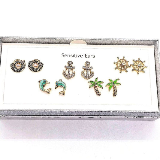 Bay Studio Gold 5 Stud Earrings Set Dolphin Clam Anchor Palm Tree Cubic Zirconia