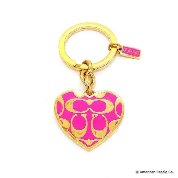 COACH Vintage Gold Fuschia Pink Gold Heart Keychain Fob Purse Charm