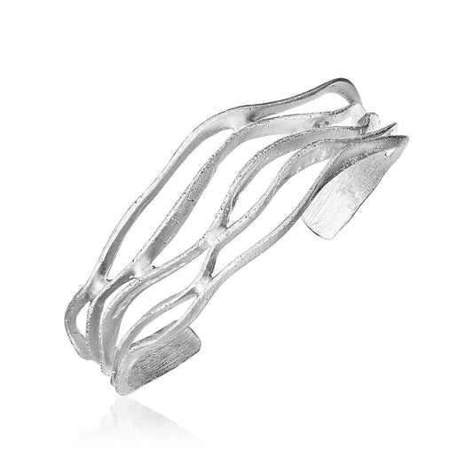 Sterling Silver Sparkle Textured Wave Cuff Bangle