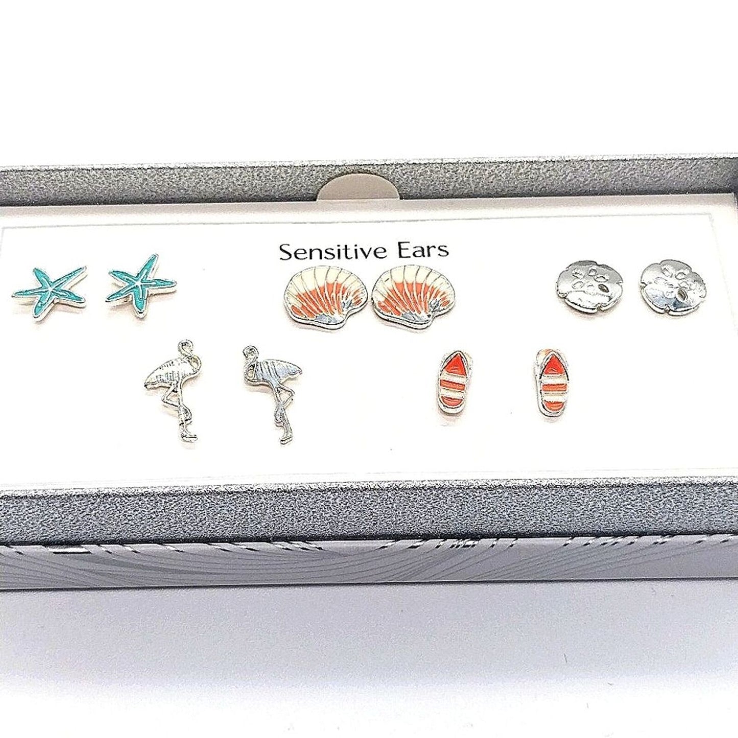 Bay Studio Silver 5 Stud Earrings Set StarFish Flamingo Clam Sand Dollar Sandals