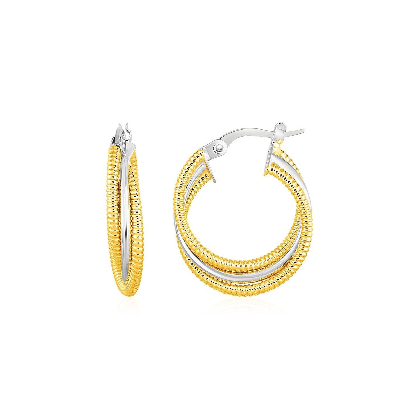 Three Part Textured and Shiny Hoop Earrings in 14k Yellow and White Gold