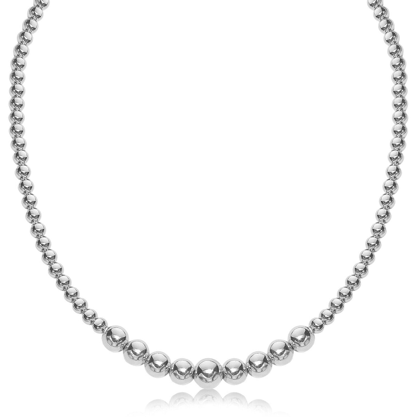 Sterling Silver Rhodium Plated Graduated Motif Polished Bead Necklace