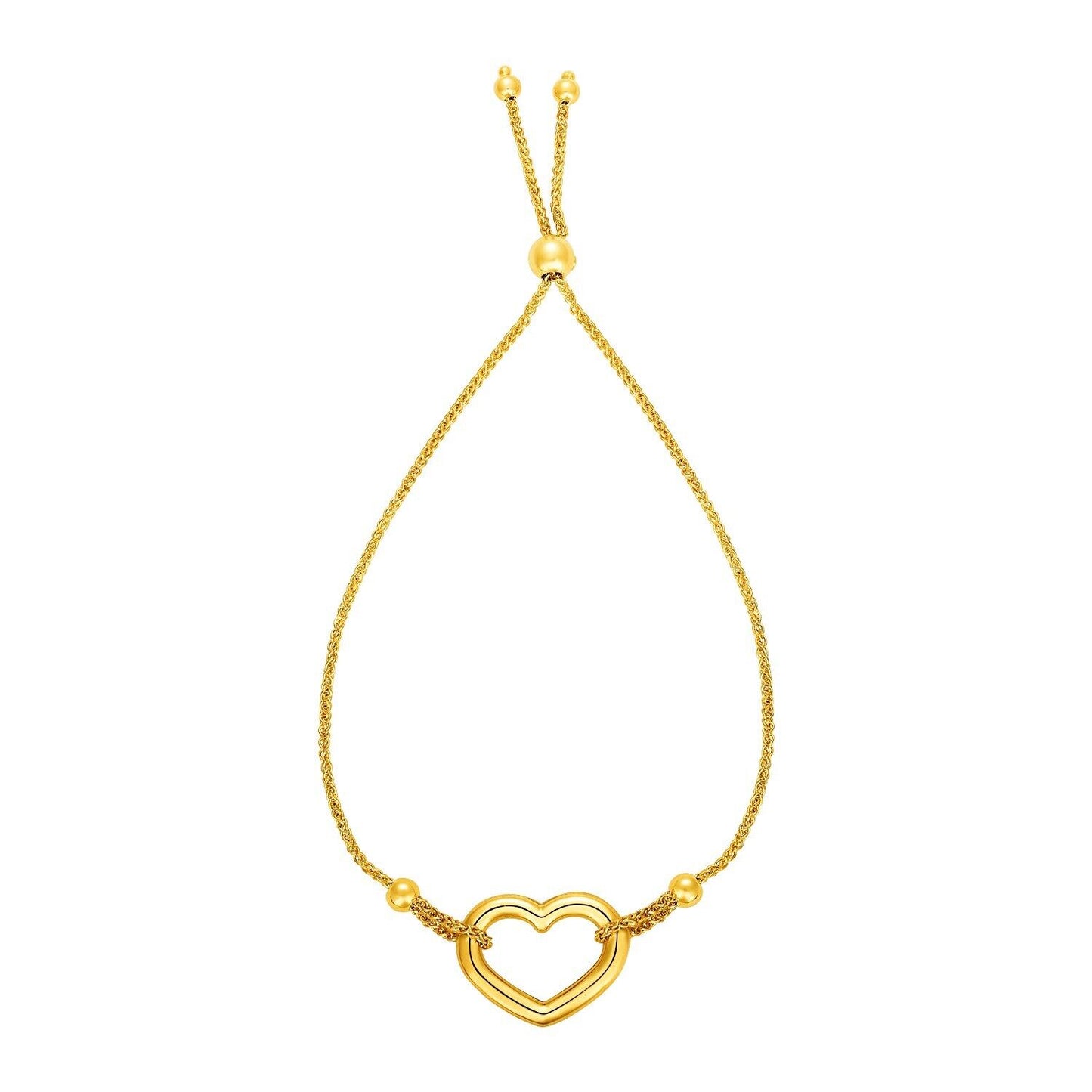 Adjustable Bracelet with Shiny Open Heart in 14k Yellow Gold