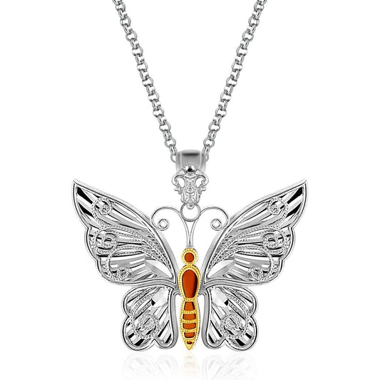 Designer Sterling Silver and 14K Yellow Gold Butterfly Pendant