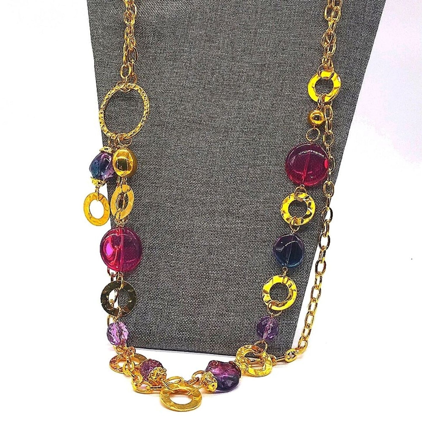 $55 CHICO'S Gold hammered double strand Purple Gem Layered Necklace NWOT