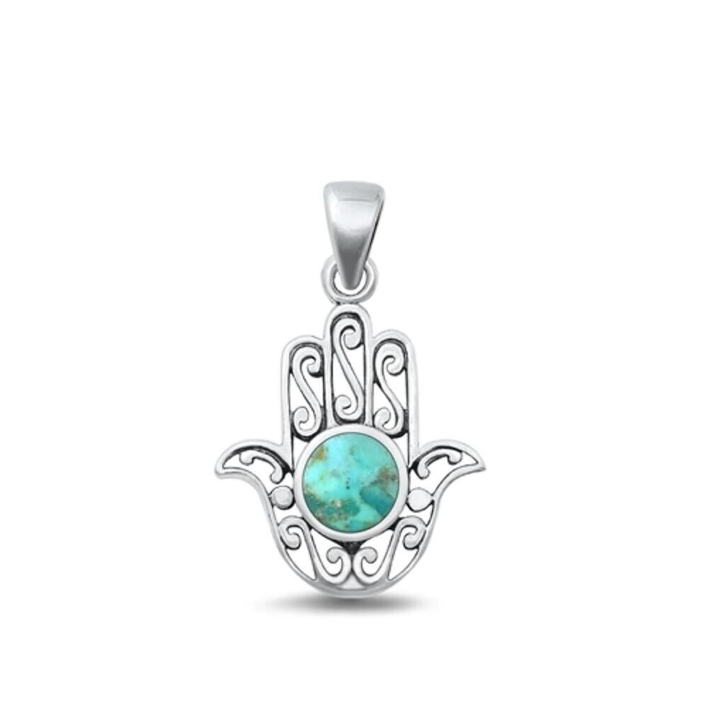 Sterling Silver 925 Filagree Hamsa Hand Turquoise Stone Pendant Necklace - ITALY