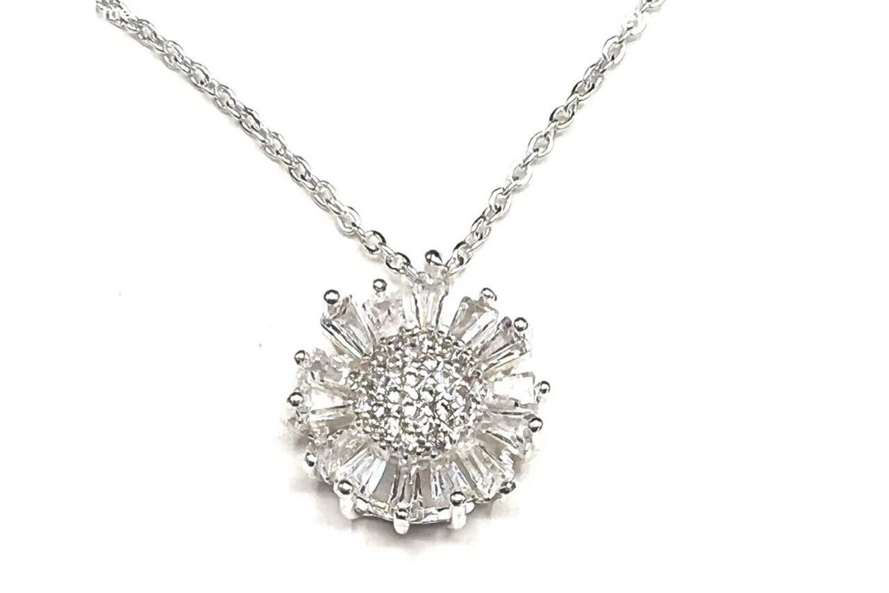 18" Pave Baguette Flower Pendant Necklace Made With Swarovski Crystals In Silver