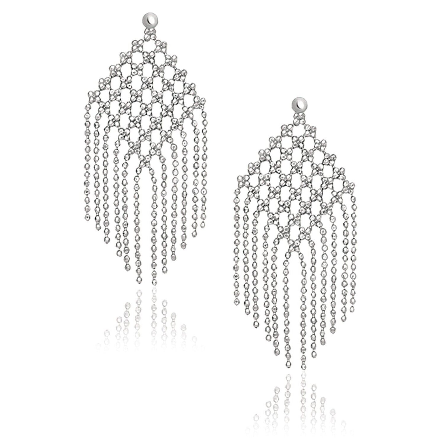 14K White Gold Beaded Chain Mesh Earrings