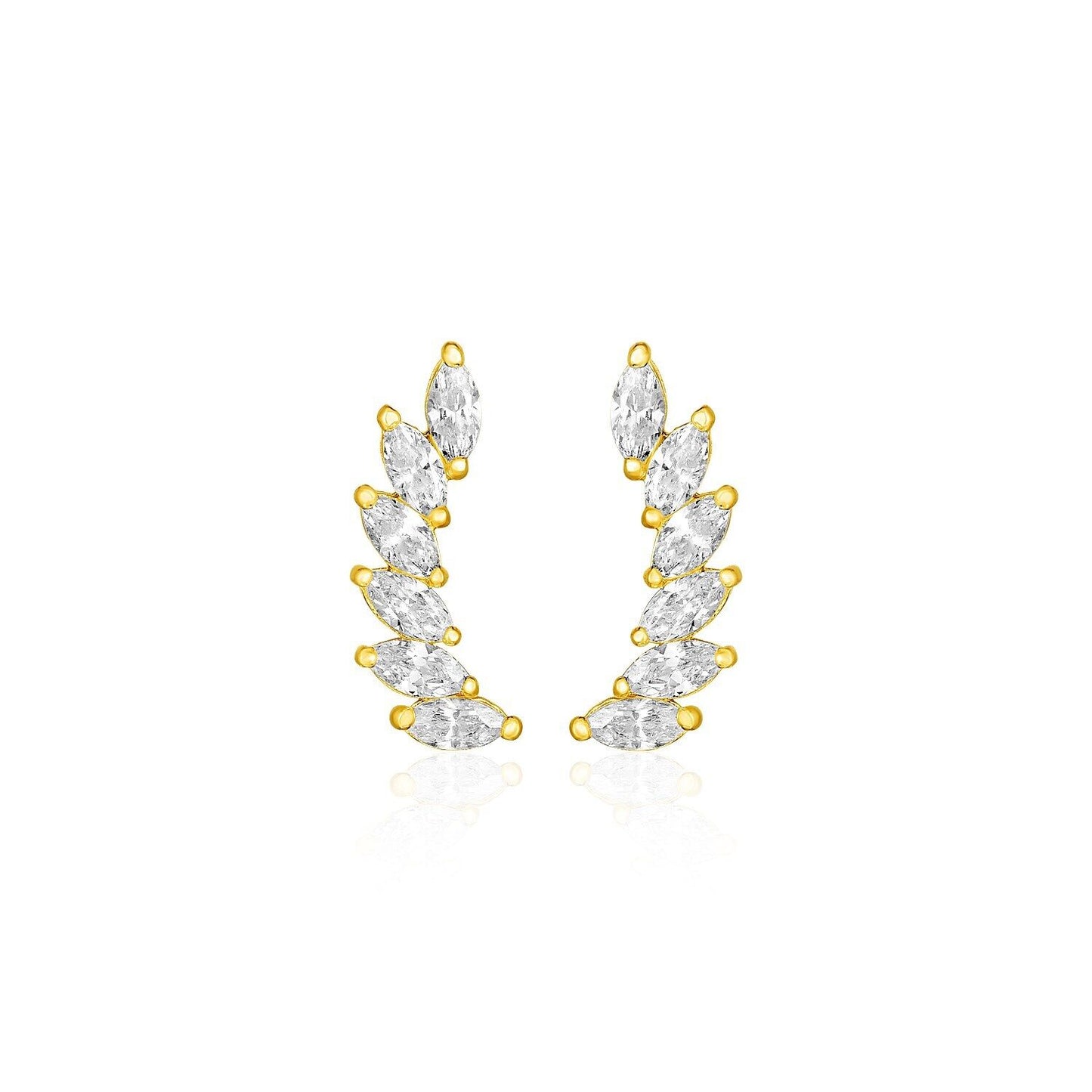 14k Yellow Gold Leaf Motif Climber Post Earrings with Marquise Cubic Zirconias