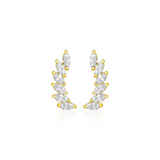 14k Yellow Gold Leaf Motif Climber Post Earrings with Marquise Cubic Zirconias