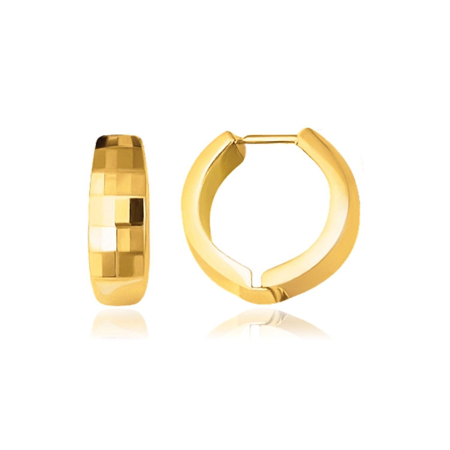 14K Yellow Gold Reversible Checkered Hinged Hoop Huggie Earrings