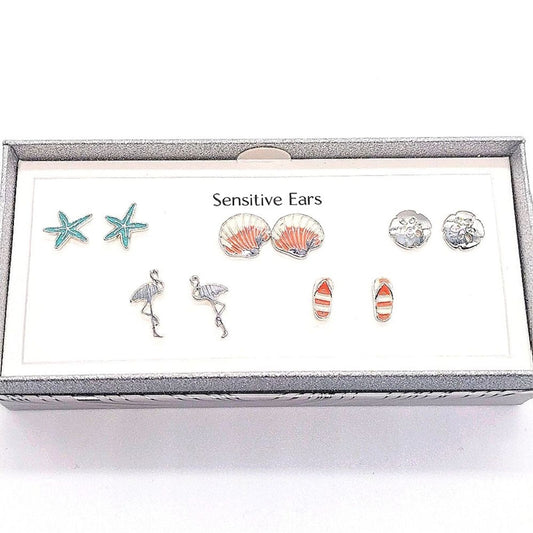 Bay Studio Silver 5 Stud Earrings Set StarFish Flamingo Clam Sand Dollar Sandals