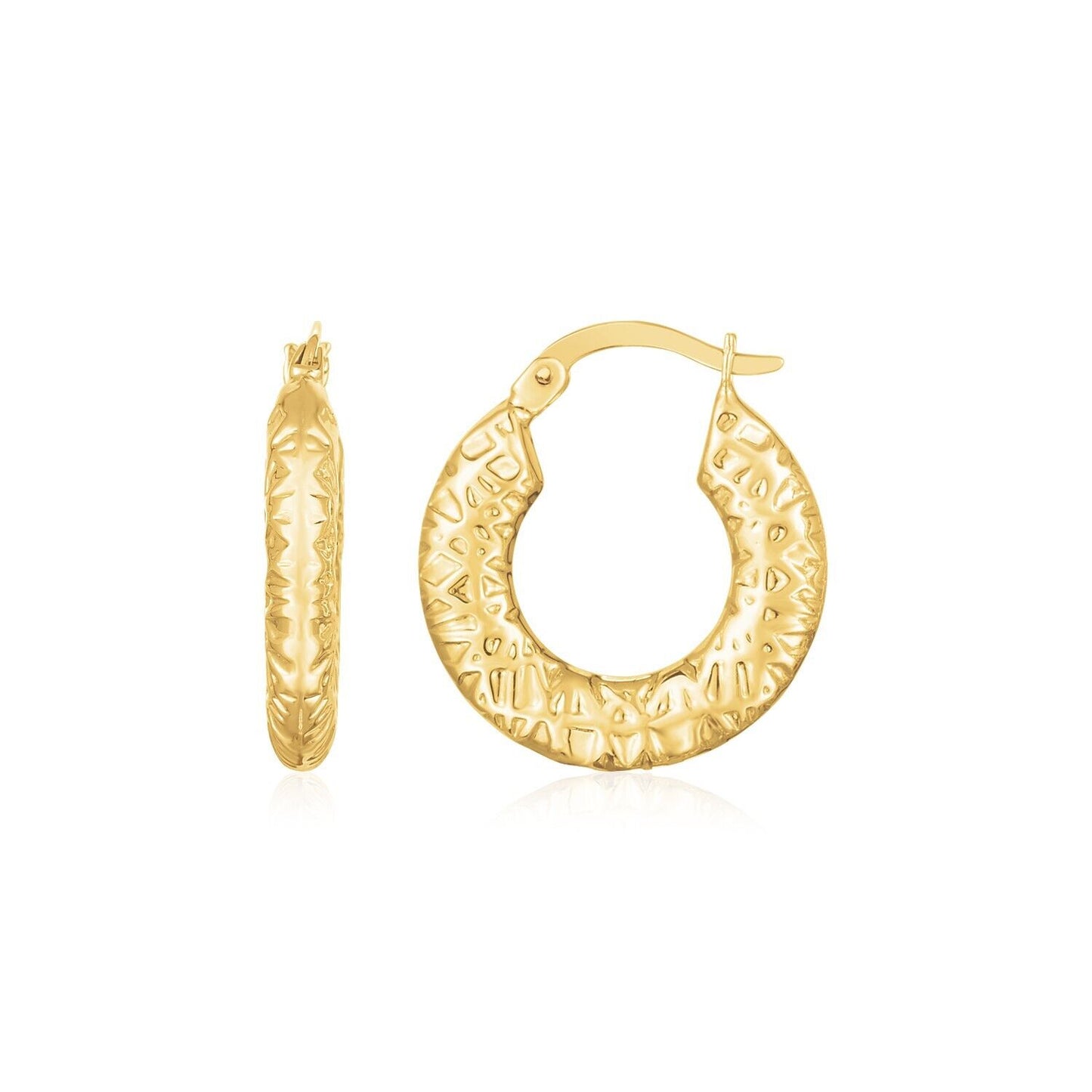 14K Yellow Gold Puffed Textured Hoops