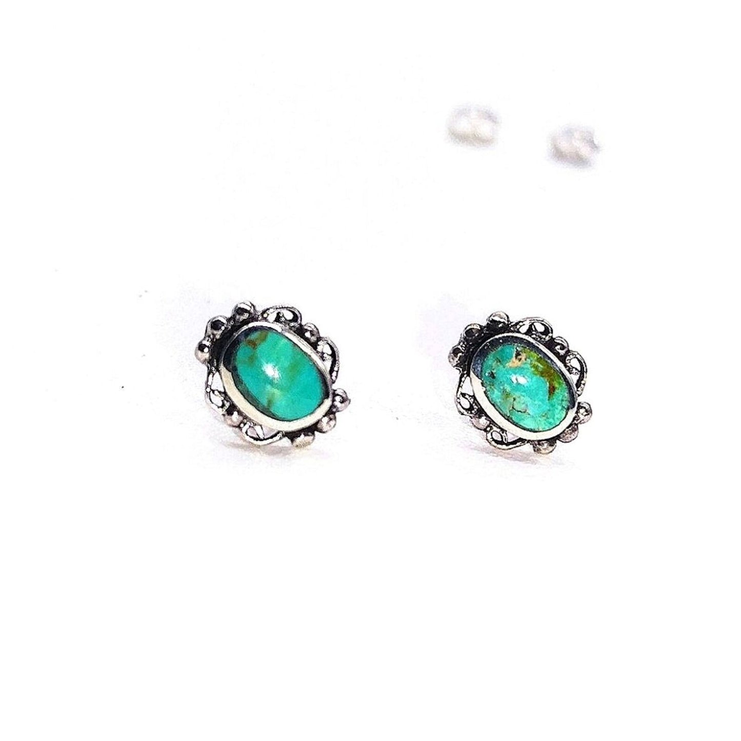 10MM Sterling Silver Oxidized Turquoise Bali Stud High Polished Earrings 925