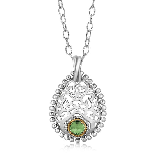 18K Yellow Gold and Sterling Silver Pendant with Round Green Amethyst