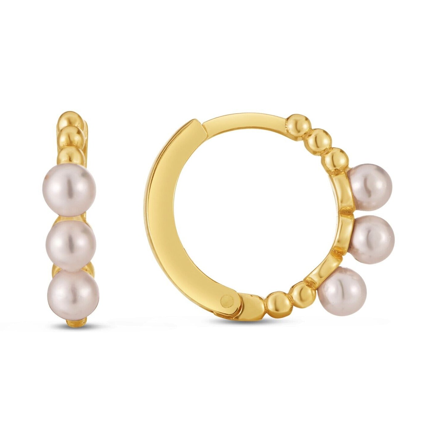 14k Yellow Gold Pearl Huggie Earrings