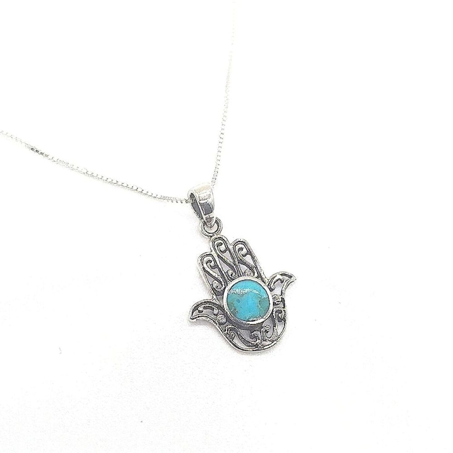 Sterling Silver 925 Filagree Hamsa Hand Turquoise Stone Pendant Necklace - ITALY