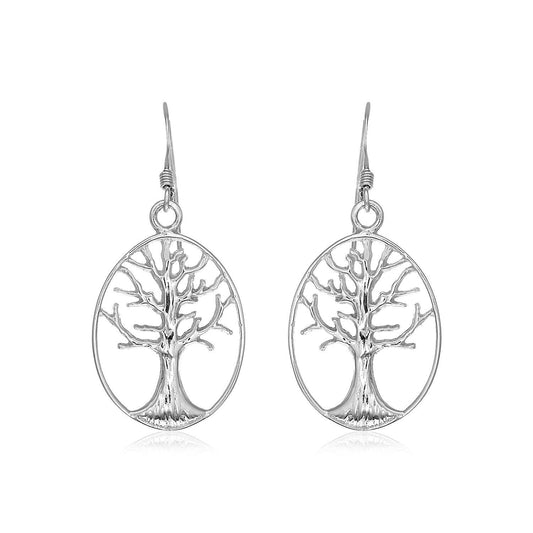 Sterling Silver Oval Round Tree of Life Earrings