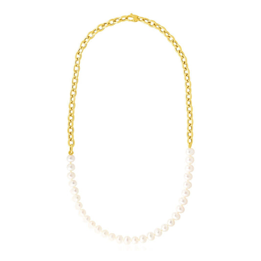 14k Yellow Gold Oval Chain Necklace with Pearls