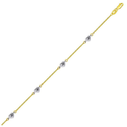 14k Two Tone Gold Anklet with Diamond Cut Heart Style Stations