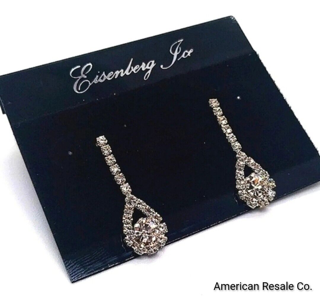 Vintage Eisenberg Ice 1" Pave Crystal Dangle Drop Designer Earrings in Silver