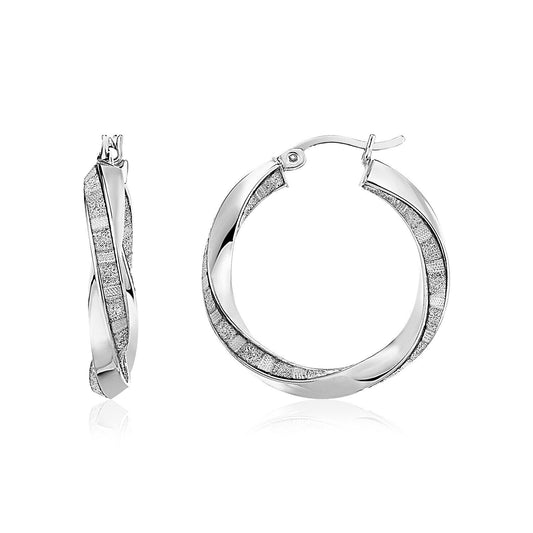 Sterling Silver Polished and Glitter Textured Twisted Hoop Earrings