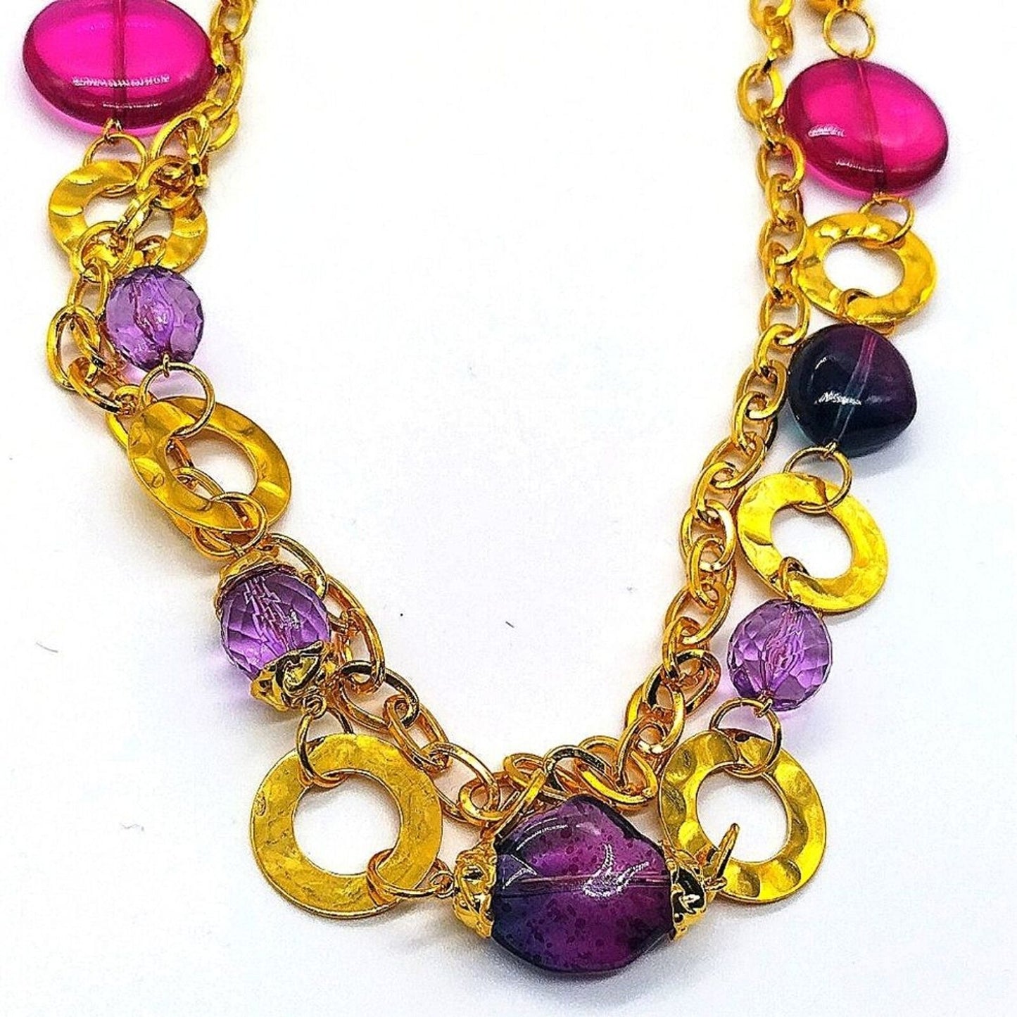 $55 CHICO'S Gold hammered double strand Purple Gem Layered Necklace NWOT