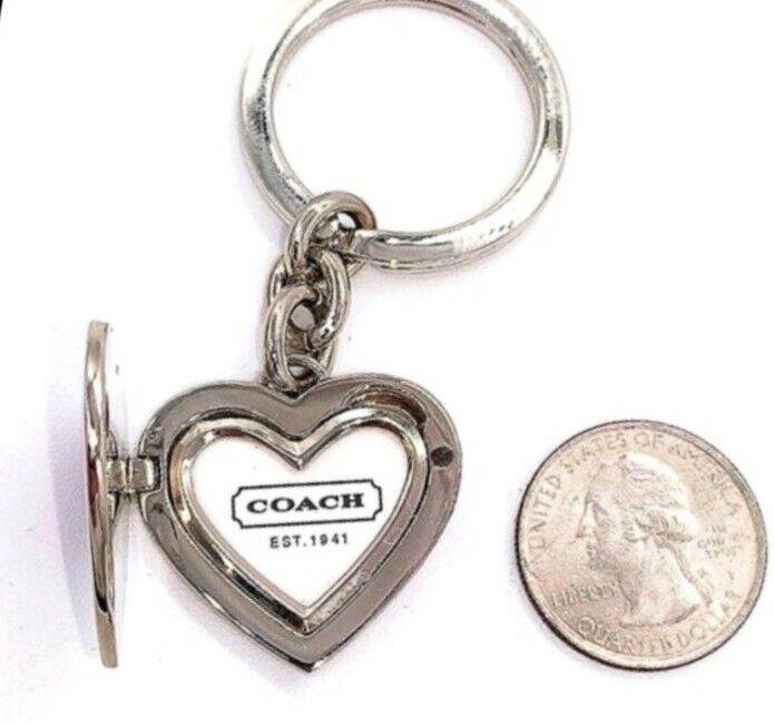 Rare COACH Enamel Red Heart Locket Silver Purse Charm Keychain Fob