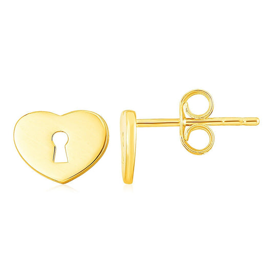 14k Yellow Gold Heart Padlock Stud Earrings