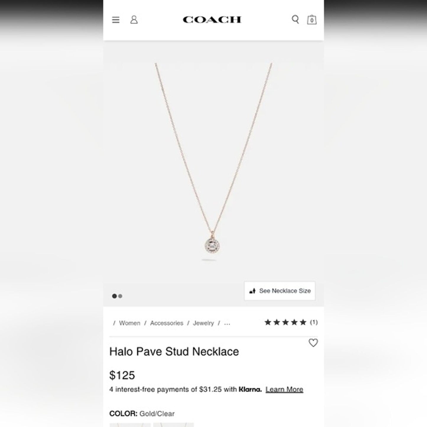 COACH Pave Halo Necklace in Gold NWT $125