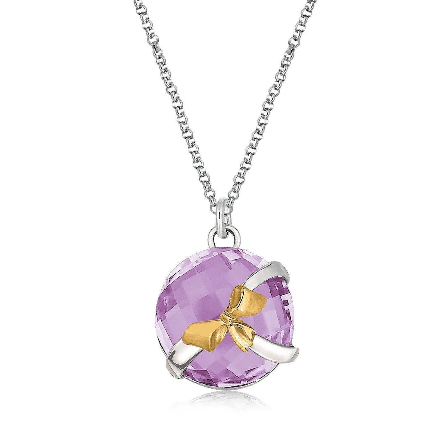 18K Yellow Gold and Sterling Silver Bow Design Round Pink Amethyst Pendant