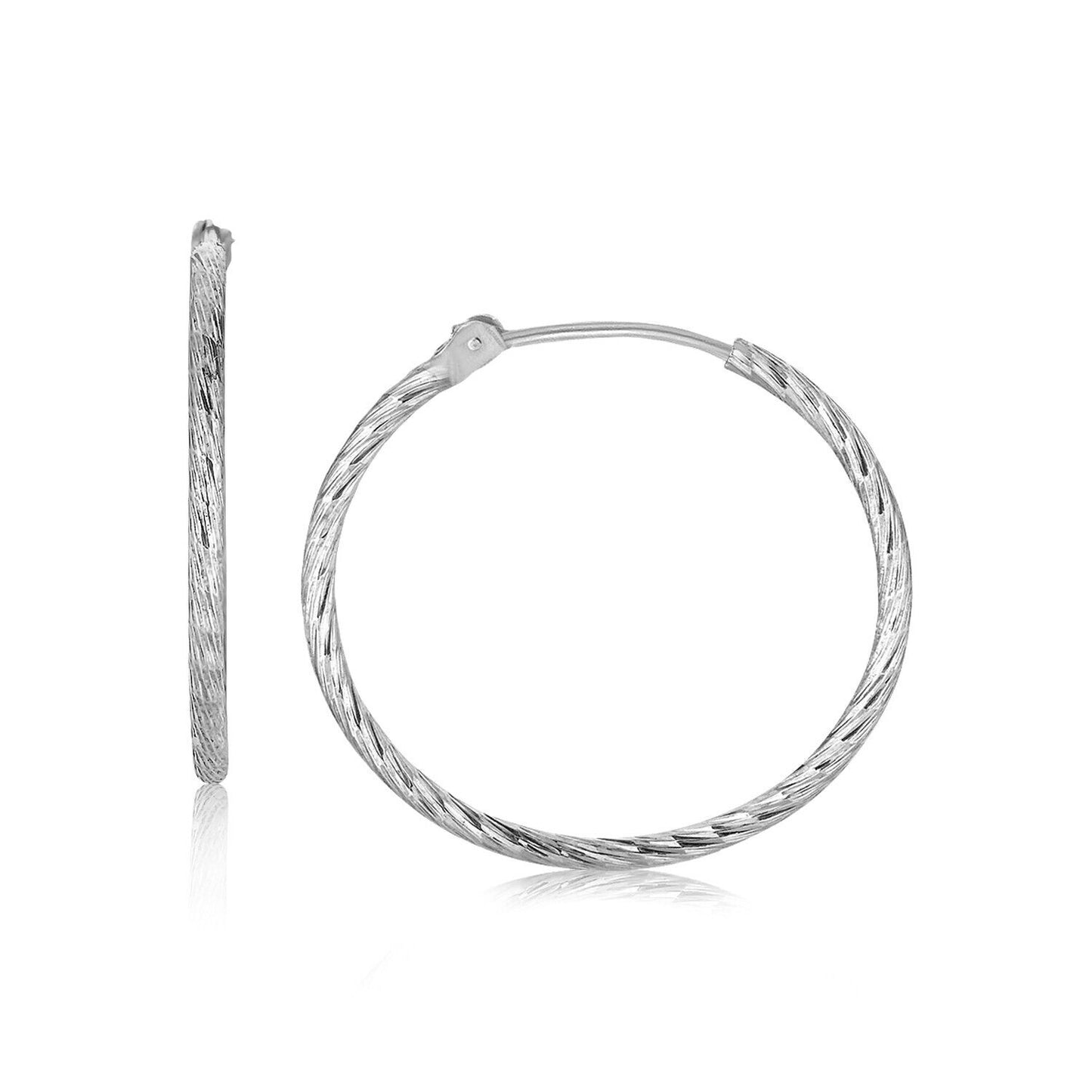 Sterling Silver Slim Rhodium Plated Hoop Diamond Cut Earrings (24mm)