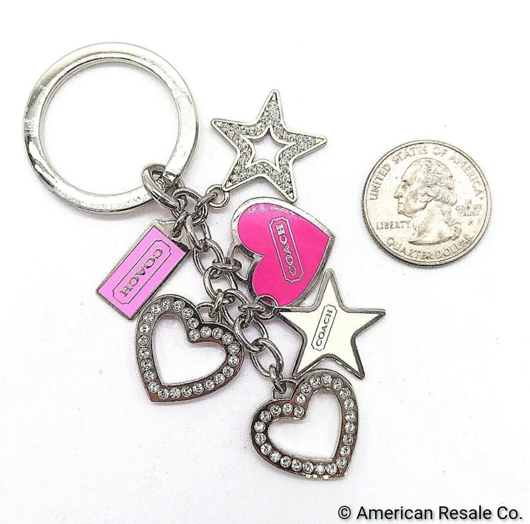 Vintage COACH Pink Pave Hearts Stars Swarovski Crystal Multi Charm Keychain Fob