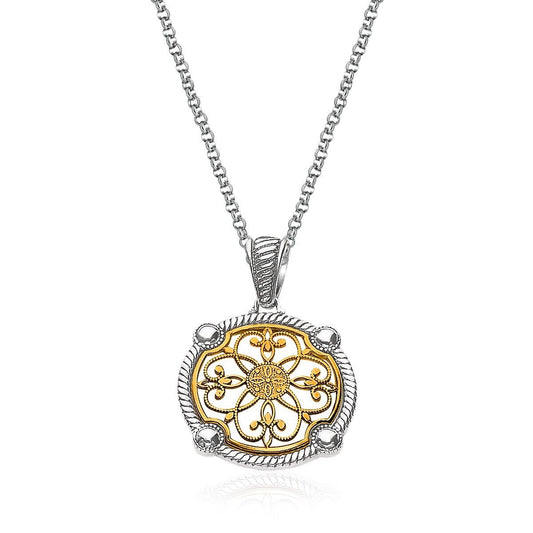 14K Yellow Gold and Sterling Silver Necklace with Fancy Floral Filigree Pendant